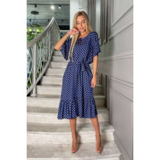 Платье миди с принтом в горох и рукавами, крылышками, синее